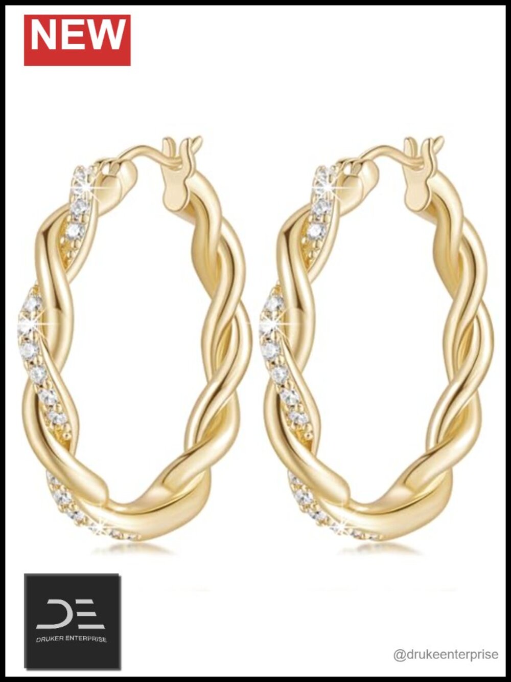 14k Gold Plated Twisted Hoop Earrings for Women with Cubic Zirconia